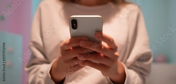 Fototapeta The smartphone in hands of a person texting in soft pastel bedroom lighting
