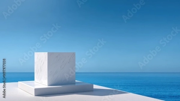 Obraz Minimalist white marble cube on a platform overlooking the ocean under a clear blue sky for modern design inspiration and abstract art concepts