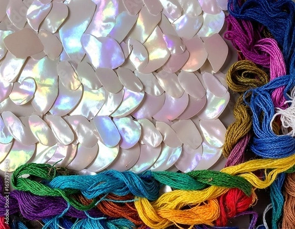 Fototapeta A vibrant assortment of multi-colored threads, featuring shades of red, blue, green, yellow, and purple, neatly arranged in a creative display.