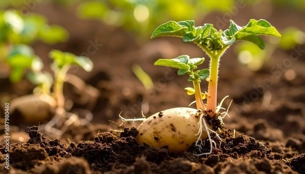 Obraz Potato sprouts emerging from soil