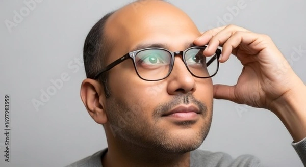 Fototapeta A man with glasses looking up and to the side with his hand near his glasses on a gray background