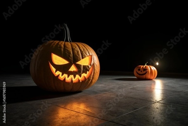 Obraz Sinister Jack-O’-Lantern with Glowing Eyes and Shadow on Dark Surface