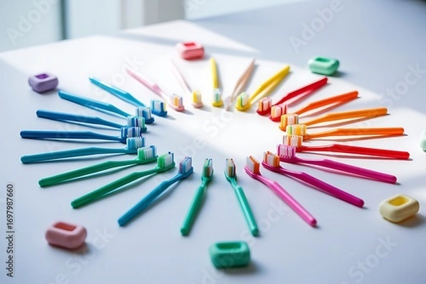 Fototapeta Vibrant collection of colorful toothbrushes arranged in a playful circle on a clean white surface, suggesting dental care and hygiene