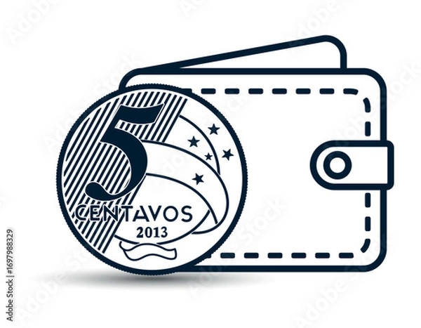 Fototapeta Brazilian money with a wallet in the background. A 5 centavos coin next to the wallet. The illustration is depicted in black and white style.