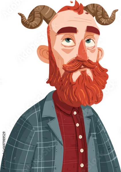 Fototapeta Tired fantasy character man with red beard and horn illustration