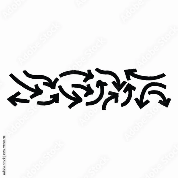 Fototapeta A collection of bold, hand-drawn brush arrows with dynamic curves and waves. Thick marker-style doodles pointing in multiple directions, featuring textured strokes and natural sketch-like details.