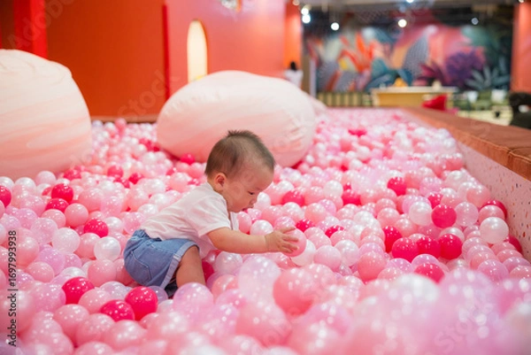 Fototapeta Infant playing happily with balls in pink pit