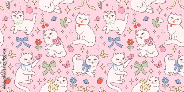 Fototapeta Seamless pattern with cute white fluffy cats, butterflies, bows and flowers. Hand drawn vector illustration in vintage style. Funny retro pet character background. Cottage core kitty on pink.