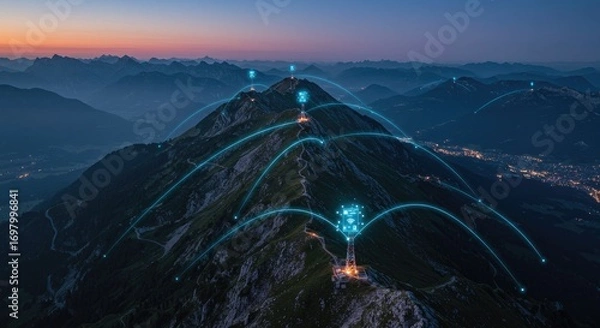 Obraz Mountain range with glowing network connections at dawn