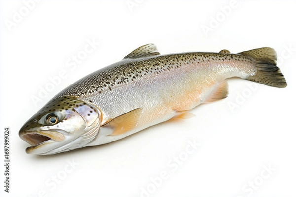 Fototapeta Flawless raw fresh trout fish on_white background isolated, generated AI
