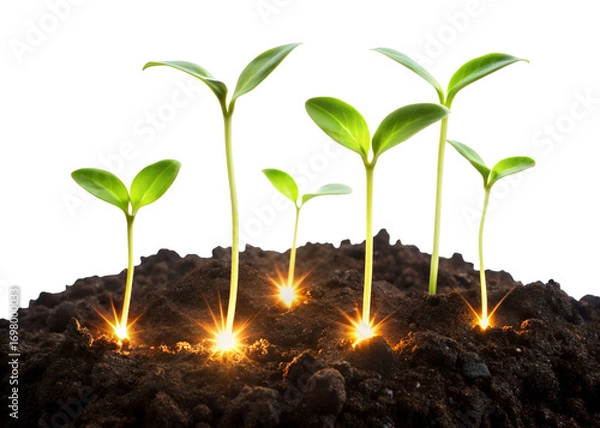 Fototapeta glowing seedlings in dark soil png image on transparent background