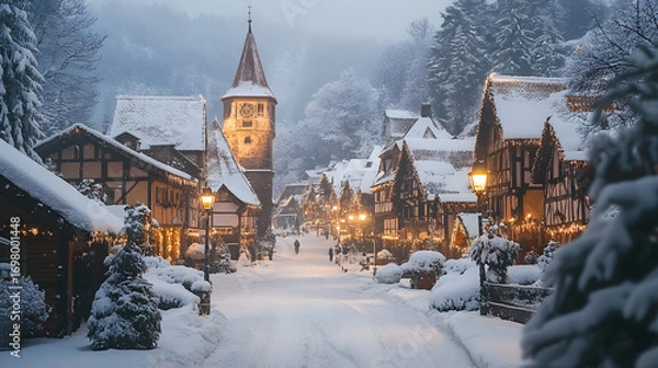 Fototapeta Snow-covered village street at twilight with festive lights and historic architecture in winter wonderland