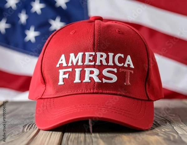 Obraz Red baseball cap with "America First" text (1)