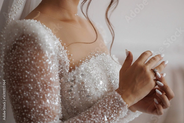 Obraz Elegant bridal dress adorned with pearls showcases beauty in soft lighting