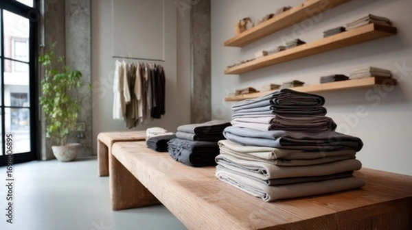 Obraz Stylish interior of a modern clothing store featuring neatly folded garments displayed on wooden bench and shelves