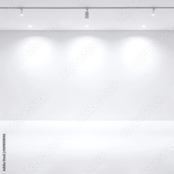 Fototapeta A spacious, empty white room featuring sleek, modern spotlights on the ceiling, illuminating the pristine white floor, creating a bright, airy atmosphere.