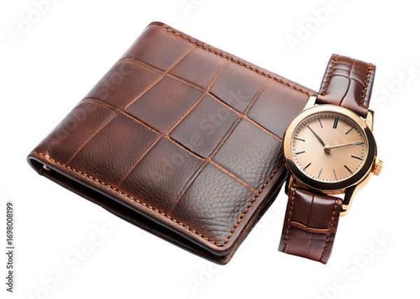 Fototapeta stylish leather wallet and a watch png image on transparent background