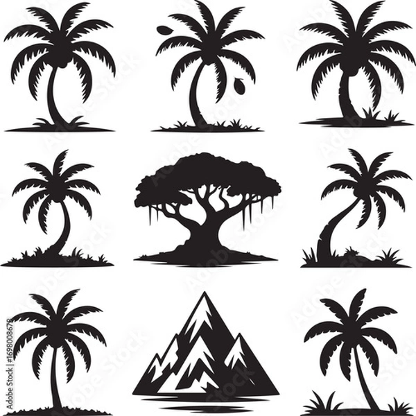 Obraz Collection of nine black silhouettes of tropical trees and mountains on white palm tree