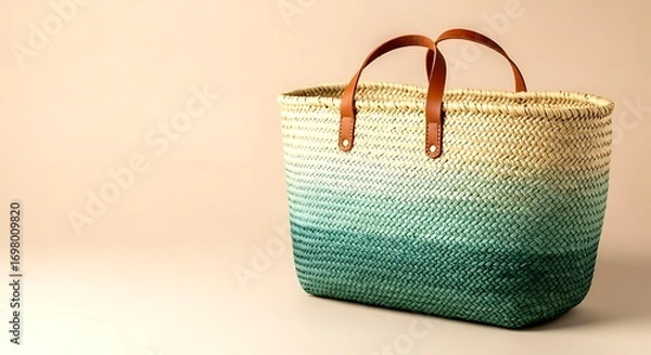 Fototapeta Seafoam Sage Woven Basket with Leather Straps on Minimalist Beige Backdrop