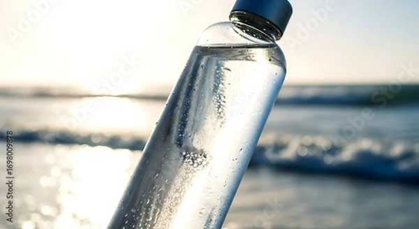 Fototapeta Closeup of a glass water bottle on the beach with ocean waves background