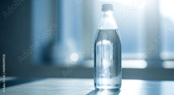 Fototapeta Glass water bottle on a table with a blurred background in a bright room
