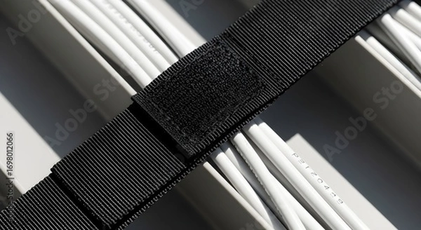 Fototapeta Detailed view of black velcro cable ties tidily bundling white data cables in a structured IT environment, highlighting efficient cable management solutions.