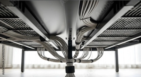 Fototapeta Neat and organized cable management system under a modern office desk, showcasing efficient wiring and clean workspace design.