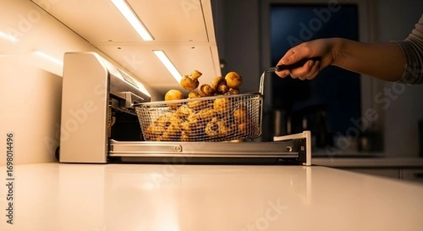Fototapeta A person lifts a basket full of freshly fried mushrooms from an electric deep fryer in a brightly lit modern kitchen, showcasing simple home cooking.