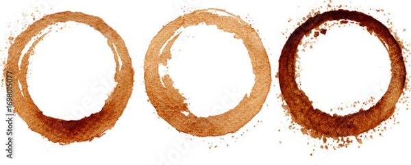 Fototapeta Grunge set of three brown coffee cup stain rings and marks on transparency background