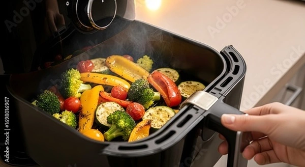 Fototapeta Low angle closing shot open air fryer high quality stock illustration for commercial use