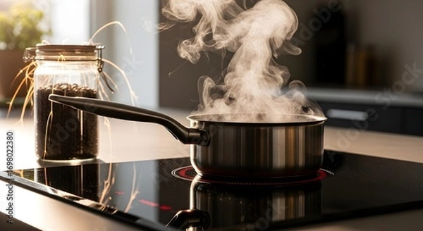 Fototapeta Close-up of a pot simmering with steam rising on a modern induction stovetop, next to a jar of coffee beans in a bright, contemporary kitchen setting.