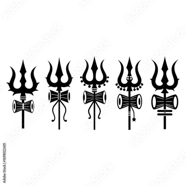 Fototapeta Illustration of five different black trident symbols arranged in a row against a clean white background