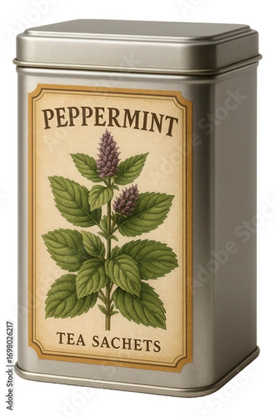 Fototapeta Peppermint tea sachets in a rectangular tin with a vintage botanical illustration label.