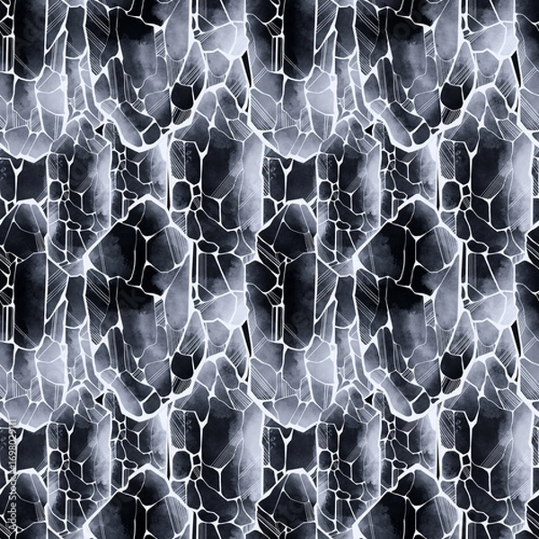 Fototapeta Abstract seamless pattern with crystal and gemstone shapes, hand drawn geometric motif in watercolor and digital mixed media style, decorative background for textile, fabric, wallpaper, wrapping paper