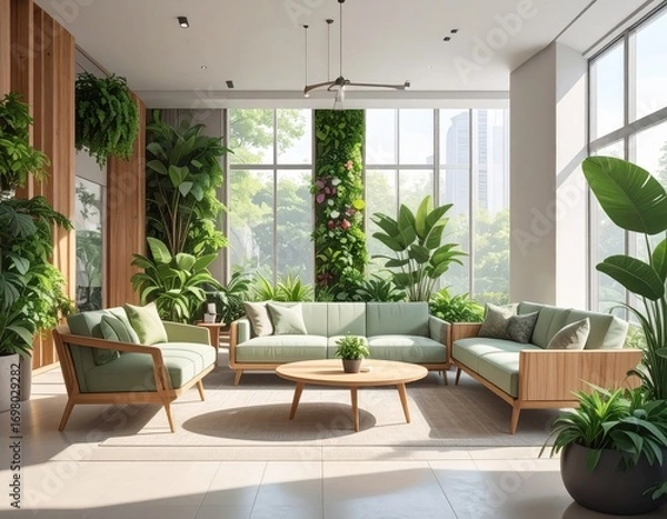 Fototapeta A bright and airy living space filled with lush greenery, featuring light-colored furniture and large windows, exuding a tranquil and modern ambiance.