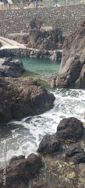 Fototapeta madeira island, sea, water, blue, waves, landscape, travel, adventures, destination, nature, view, rock, cliff, mountain, green, paradise, sunset, dawn, evening, darl, ligth, blue, waves, north