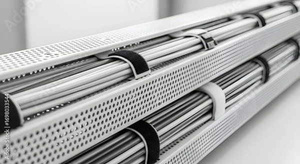 Fototapeta Neatly organized network cables bundled in a perforated metal cable management tray for a clean and efficient data center.