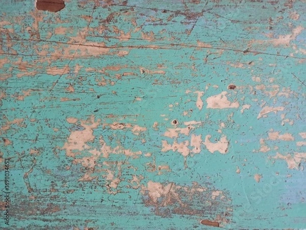 Fototapeta Rustic Wood Background with Peeling Turquoise Paint