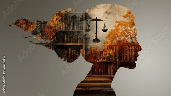 Fototapeta Silhouette of a woman's head filled with scales, books, and autumn trees. Represents law, knowledge, balance, wisdom, justice, and the academic mind.