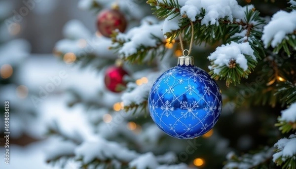 Fototapeta Blue Christmas ball hanging on snow covered branch of outdoor spruce tree, winter scene with decorations, subject at top, ample blank space below for copy.