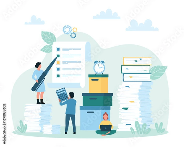 Fototapeta Office bureaucracy, checklist administration vector illustration. Cartoon tiny people work among stacks of paperwork, reports and bills, employee holding pen to mark option on information list