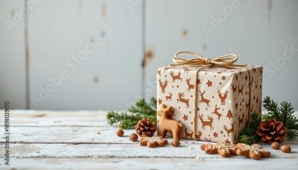 Fototapeta Stylish rustic Christmas gift box with wrapping paper, wooden reindeer, pine branches and cones, gingerbread cookies on rural wooden table, Merry Christmas, Seasons greeting card