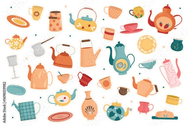 Fototapeta Cartoon cute colored glass and ceramic crockery with different pattern, tableware for tea ceremony and breakfast sticker. Kitchen utensils for tea party stickers set vector illustration