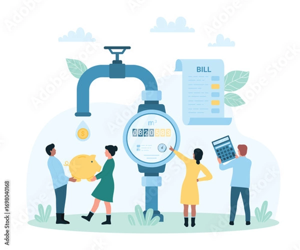 Fototapeta Water bill payment vector illustration. Cartoon tiny people check readings on dial of water meter to pay cash money, customers hold calculator and piggy bank to save money and nature resource