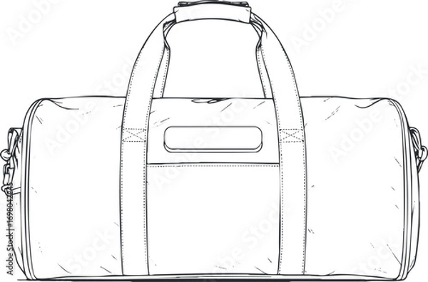 Fototapeta Outline illustration of a stylish duffel bag designed for travel and sports activities. Black on transparent background.