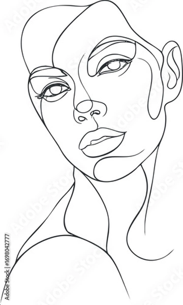 Fototapeta A minimalist line art portrait of a woman showcasing beauty and elegance in a modern style. Black on transparent background.