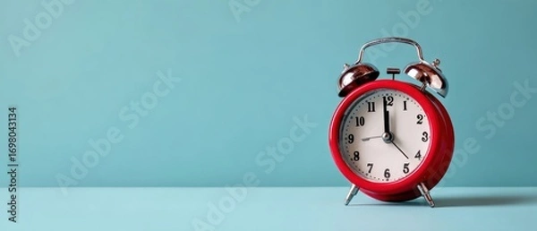 Obraz The Red Alarm Clock on a Minimal Pastel Blue Background with Copy Space