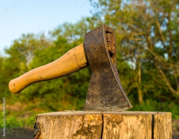 Obraz Rustic axe head on stump, sunlight