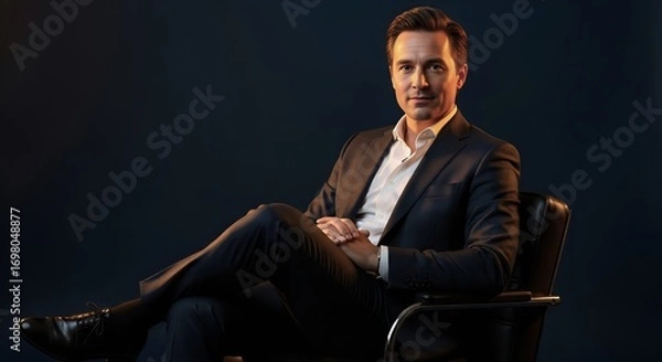 Fototapeta Man in a suit sitting in a chair with his legs crossed and hands clasped against a dark background in studio