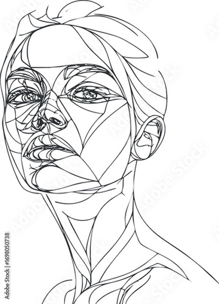 Fototapeta Abstract line art portrait of a female figure showcasing geometric shapes and minimalistic design. Black on transparent background.